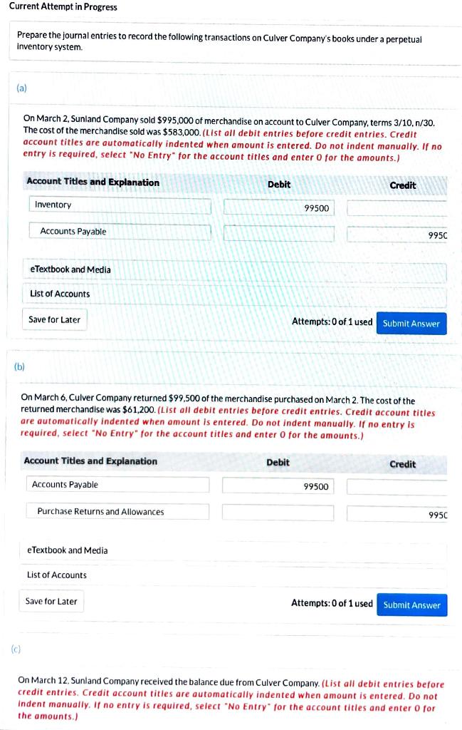  Current Attempt in Progress Prepare the journal entries to record the