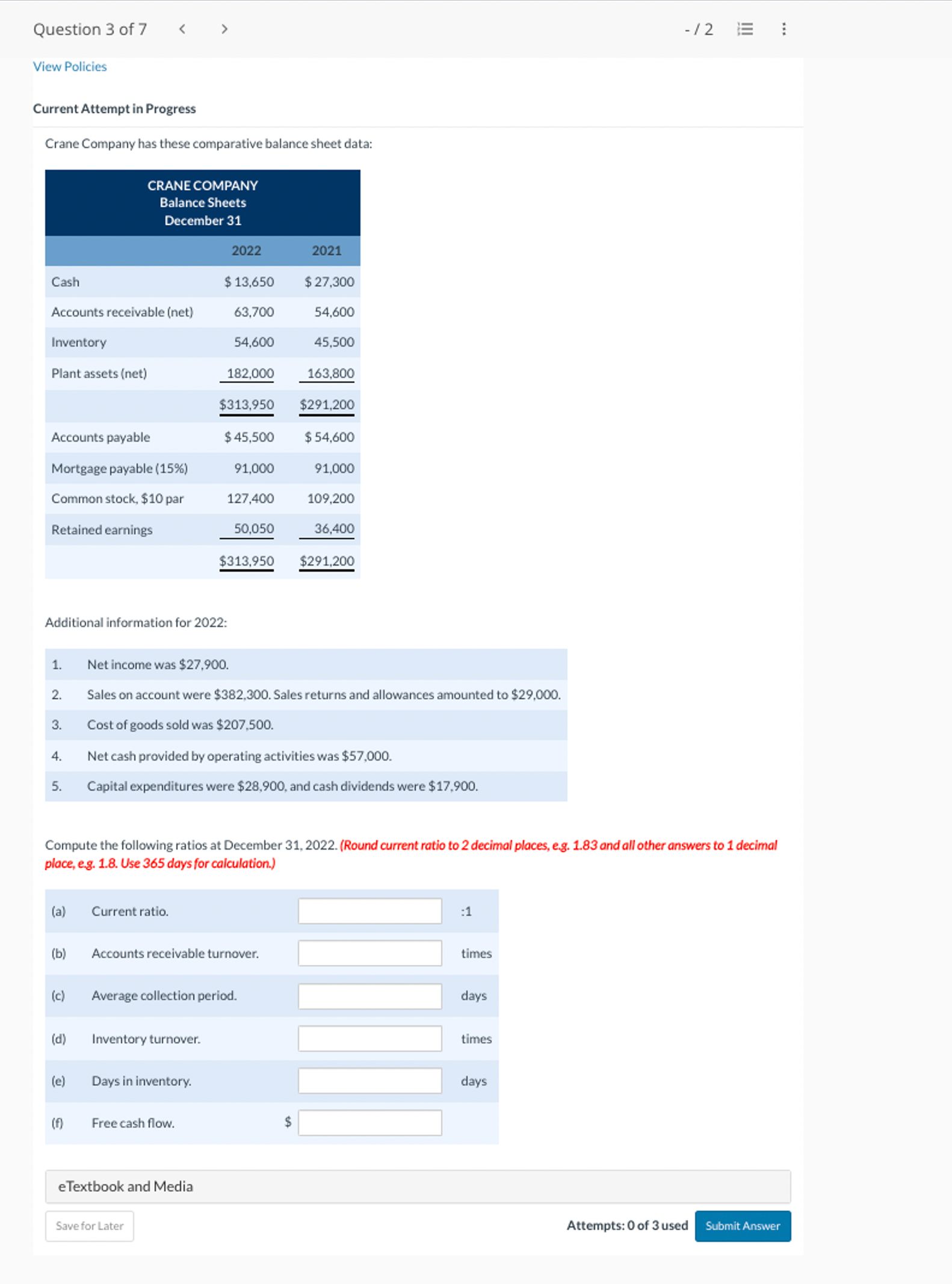  Current Attempt in Progress Crane Company has these comparative balance sheet