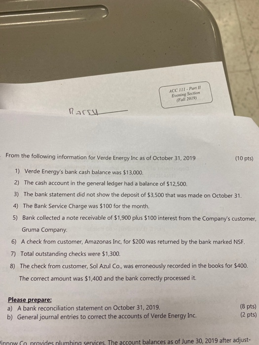  ACC 111 - Part II Evening Section (Fall 2019) Rarsy From