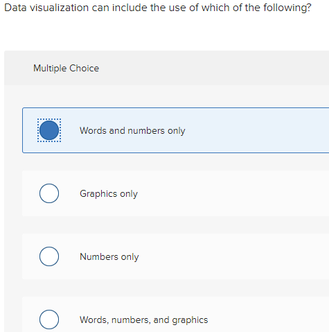 I need help with these: Data visualization can include the use of