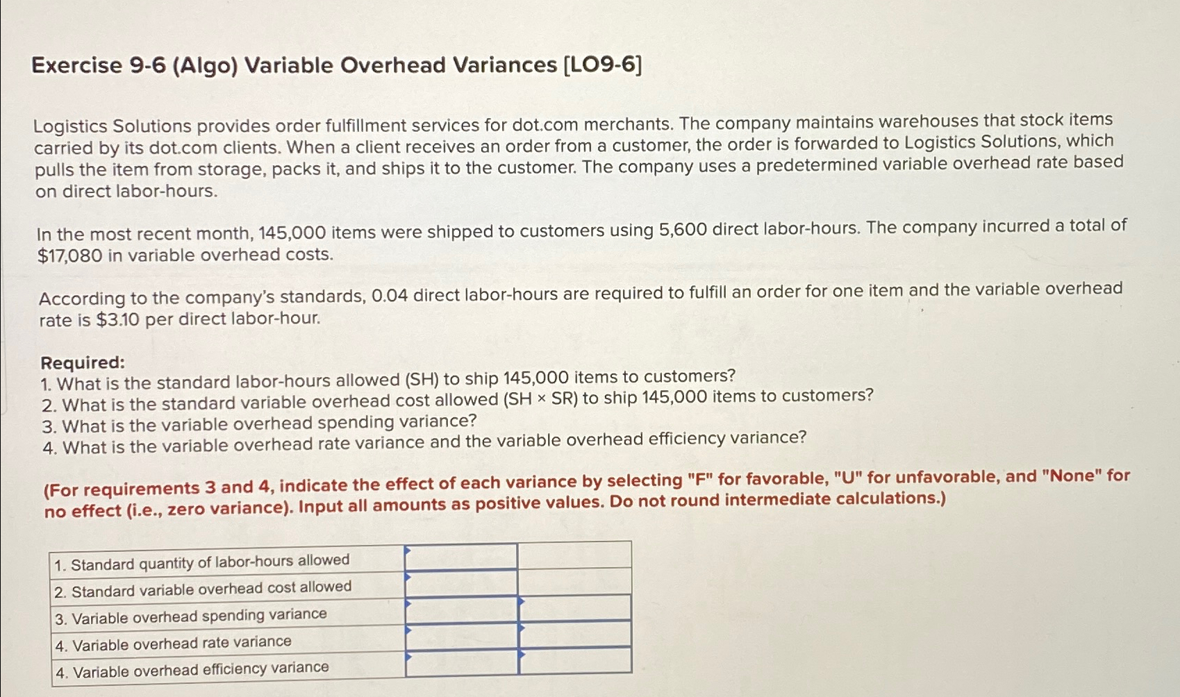 Exercise 9-6(Algo) Variable Overhead Variances [LO9-6] Logistics Solutions provides order fulfillment