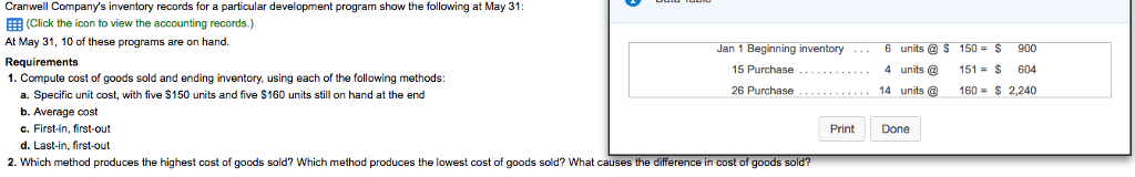Cranwell Company's inventory records for a particular development program show the