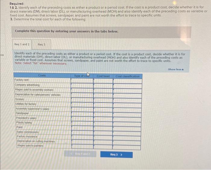 the preceding costs as either a product or a period cost. If