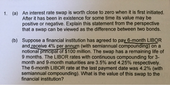  An interest rate swap is worth close to zero when it