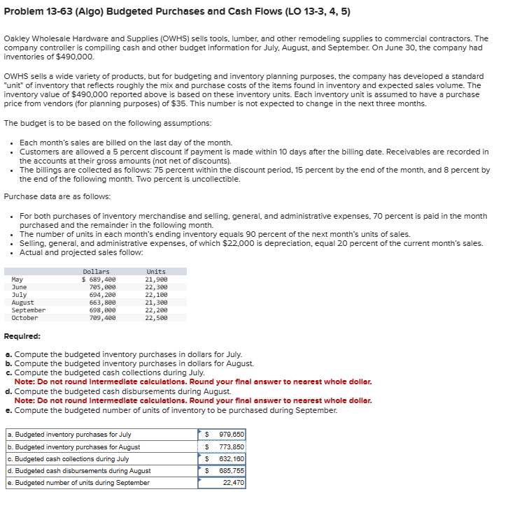  Problem 13-63(Algo) Budgeted Purchases and Cash Flows (LO 13-3,4,5) Oakley Wholesale