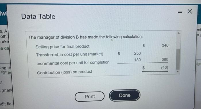 manager of division B has made the following calculation: arke $ 340