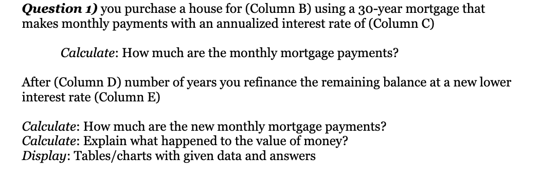  Question 1) you purchase a house for (Column B) using a
