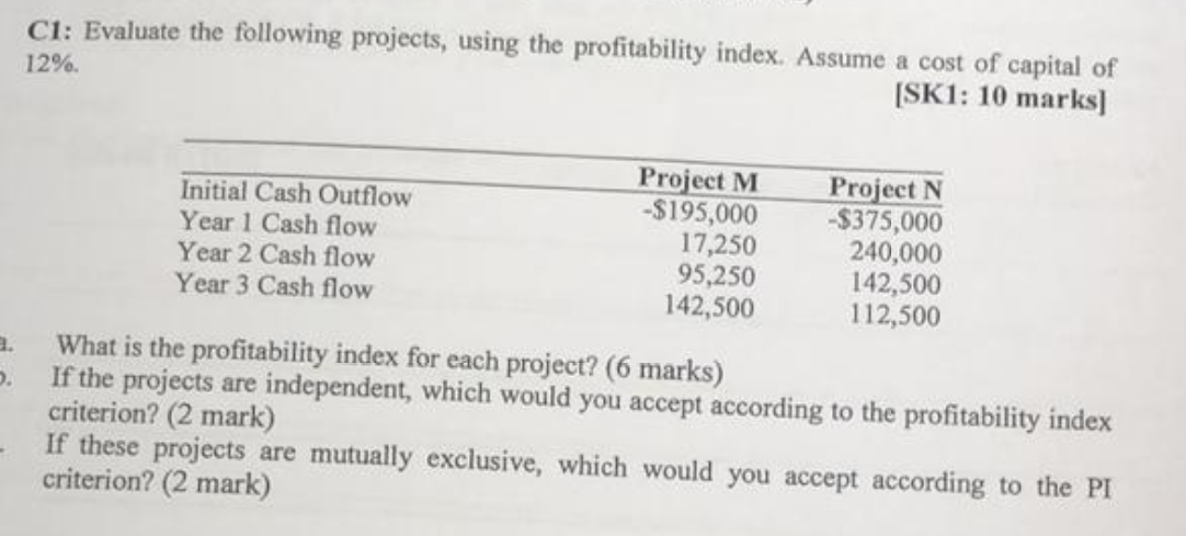 Hello, Can you please solve this? C1: Evaluate the following projects, using