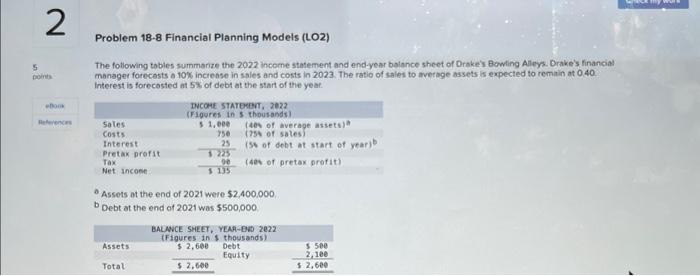 problem #2 Problem 188 Financial Planning Models (LO2) The fotlowing tobles summonze
