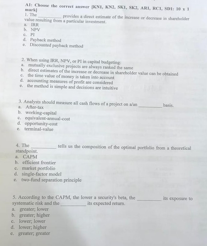 A1: Choose the correct answer [KN1, KN2, SKI, SK2, AR1, RC1,