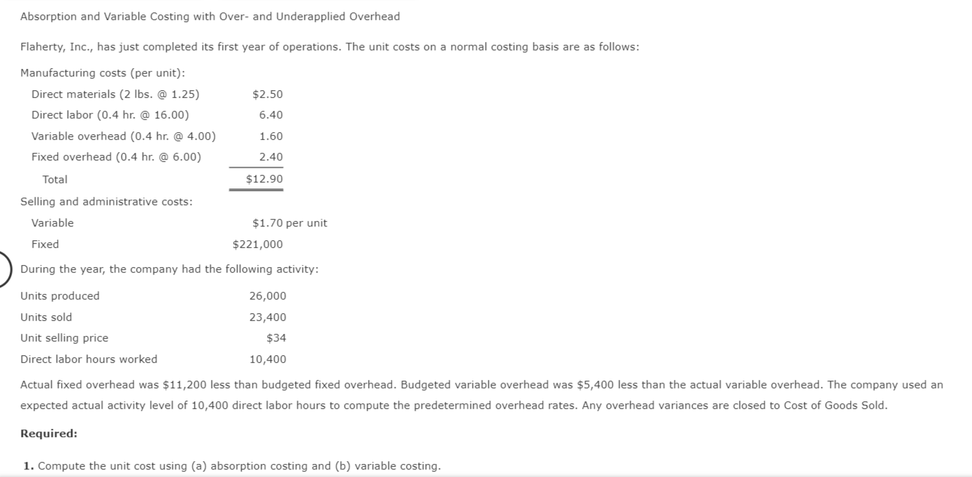 Absorption and Variable Costing with Over- and Underapplied Overhead Flaherty, Inc.,