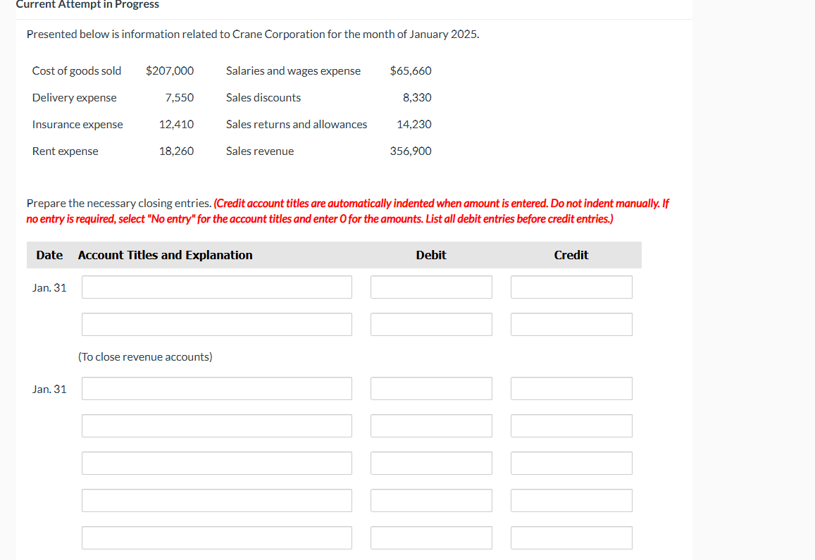  Current Attempt in Progress Presented below is information related to Crane