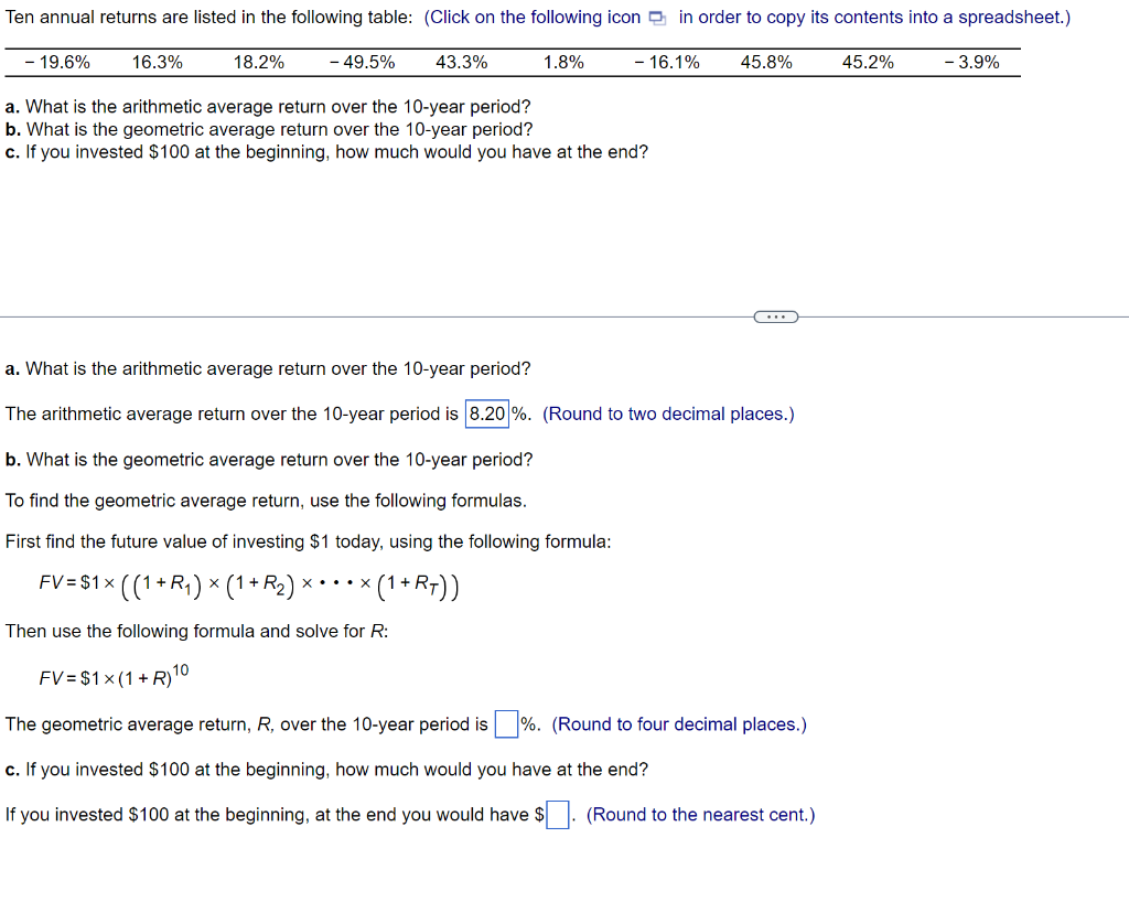  a. What is the arithmetic average return over the 10 -year
