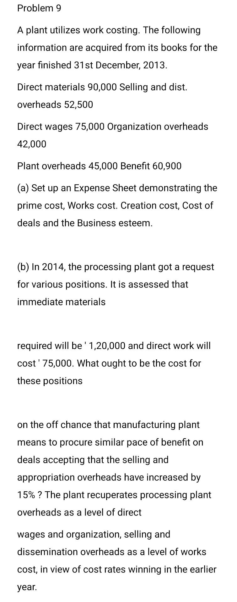 Problem 9 A plant utilizes work costing. The following information are