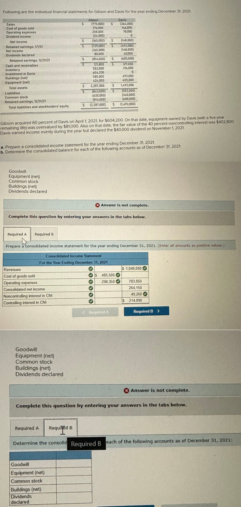 Following are the individual financial statements for Gibson and Davis for the