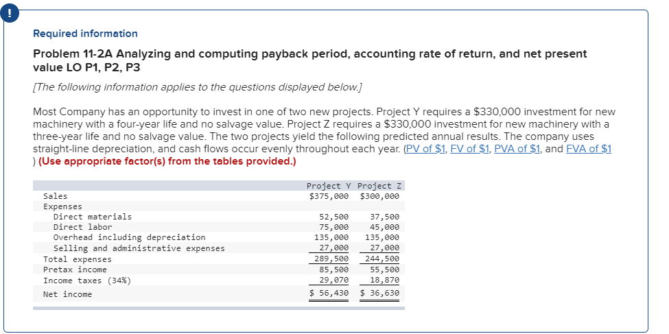  Required information Problem 11-2A Analyzing and computing payback period, accounting rate