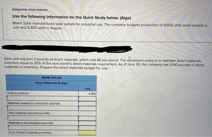  Required information Use the following information for the Quick Study below.