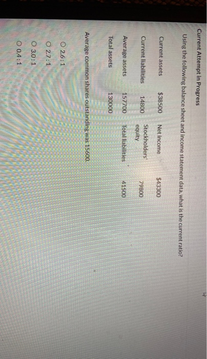  Current Attempt in Progress Using the following balance sheet and income