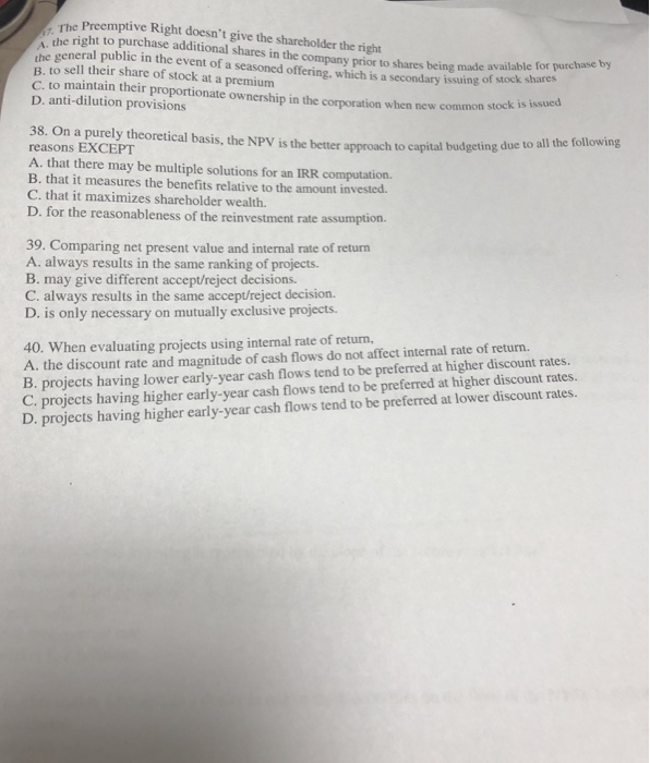  Preemptive Right doesn't give the shareholder the right the right to