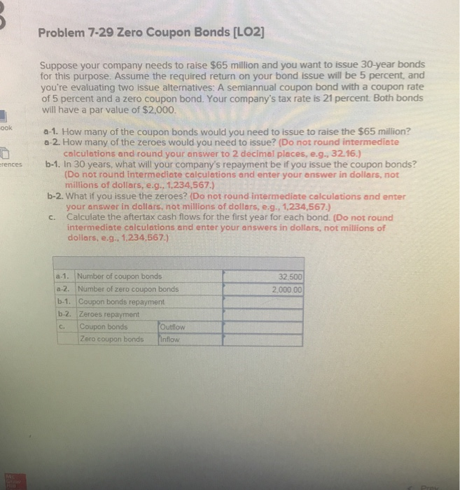  Problem 7-29 Zero Coupon Bonds [LO2] Suppose your company needs to