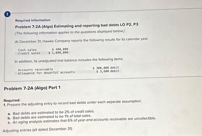  Required information Problem 7-2A (Algo) Estimating and reporting bad debts LO