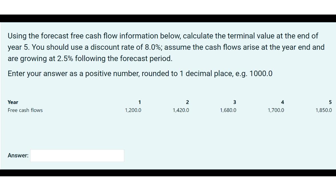  Using the forecast free cash flow information below, calculate the terminal