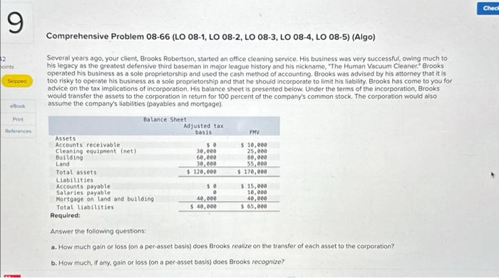 Please assist Comprehensive Problem 08-66 (LO 08-1, LO 08-2, LO 08-3, LO