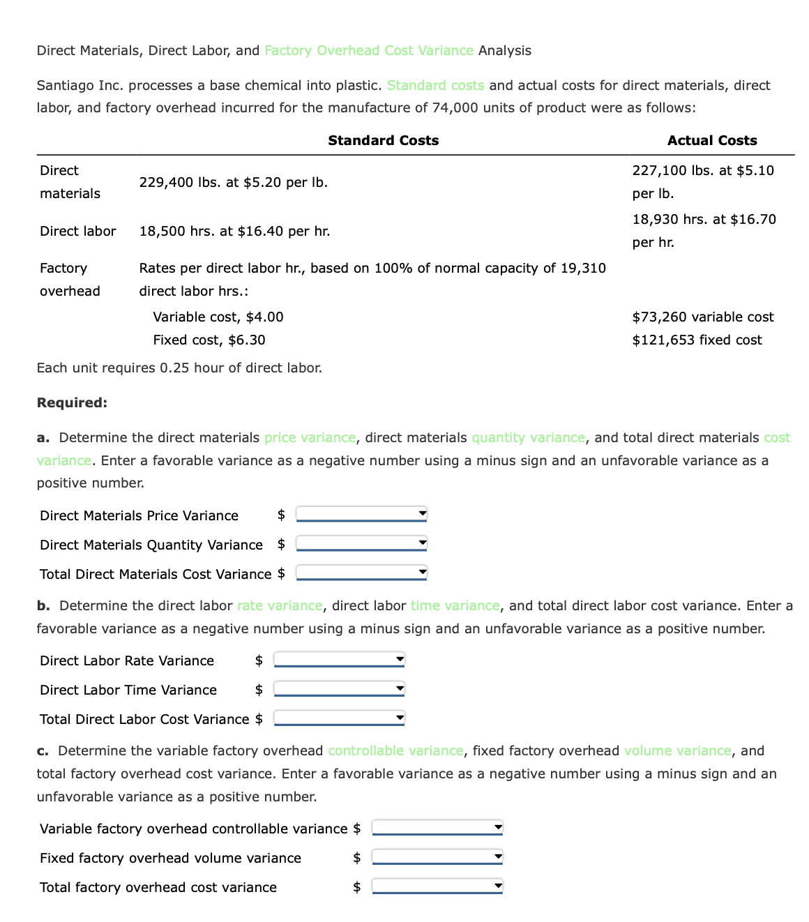  Direct Materials, Direct Labor, and Factory Overhead Cost Variance Analysis Santiago