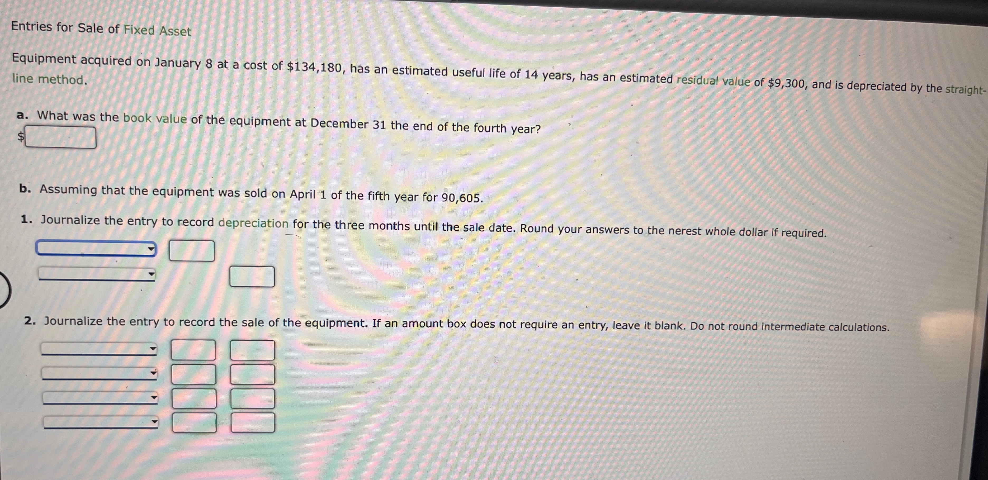 Entries for Sale of Fixed Asset Equipment acquired on January 8 at
