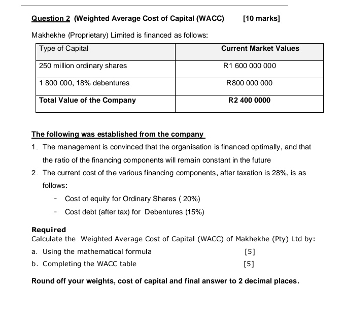 Question 2 (Weighted Average Cost of Capital (WACC) [10 marks] Makhekhe (Proprietary)