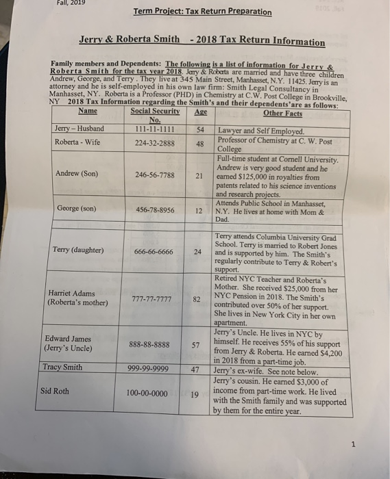  Fall, 2019 Term Project: Tax Return Preparation Jerry & Roberta Smith