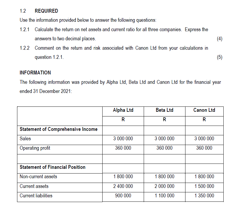 1.2 REQUIRED Use the information provided below to answer the following