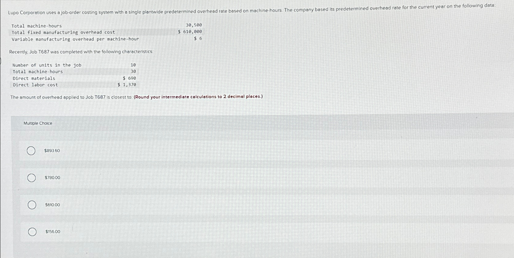  Total machine-hours Total fixed manufacturing overhead cost Variable manufacturing overhead per