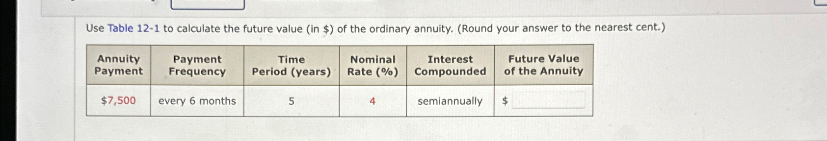  Use Table 12-1 to calculate the future value (in $) of