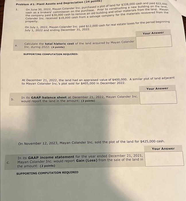 please help! Problem \# 1: Plant Assets and Depreciation ( 24 points)