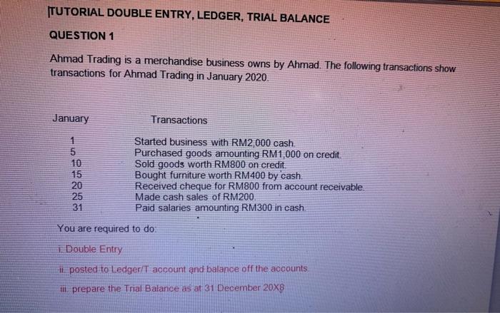  TUTORIAL DOUBLE ENTRY, LEDGER, TRIAL BALANCE QUESTION 1 Ahmad Trading is