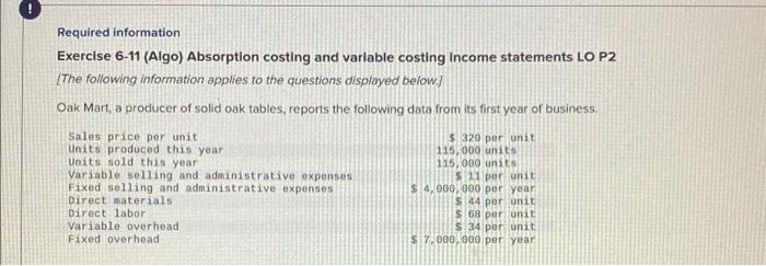  Required information Exercise 6-11 (Algo) Absorption costing and variable costing Income