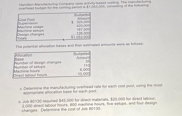  please include all solutions (mobile) Hamilton Manufacturing Company uses activity-based costing.