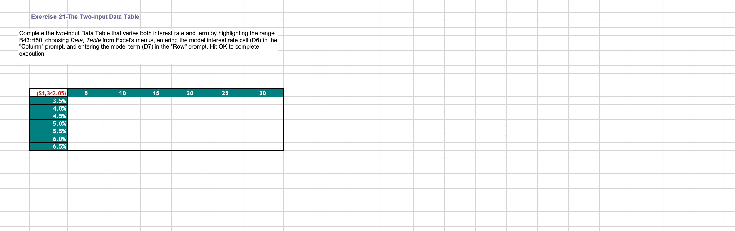 Exercise 21-The Two-Input Data Table Complete the two-input Data Table that varies