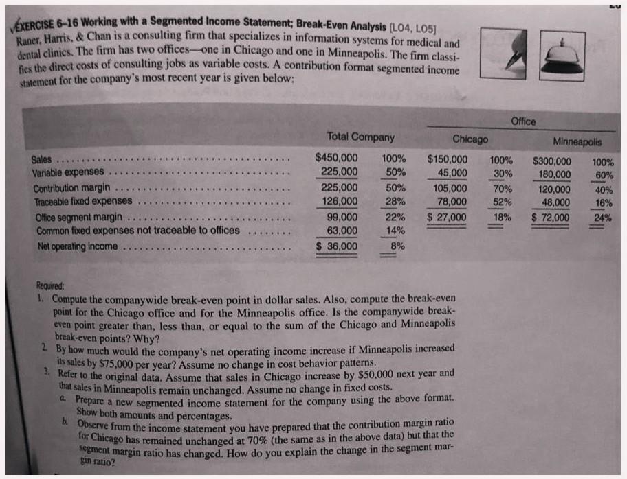  VXERCISE 6-16 Working with a Segmented Income Statement; Break-Even Analysis (L04.