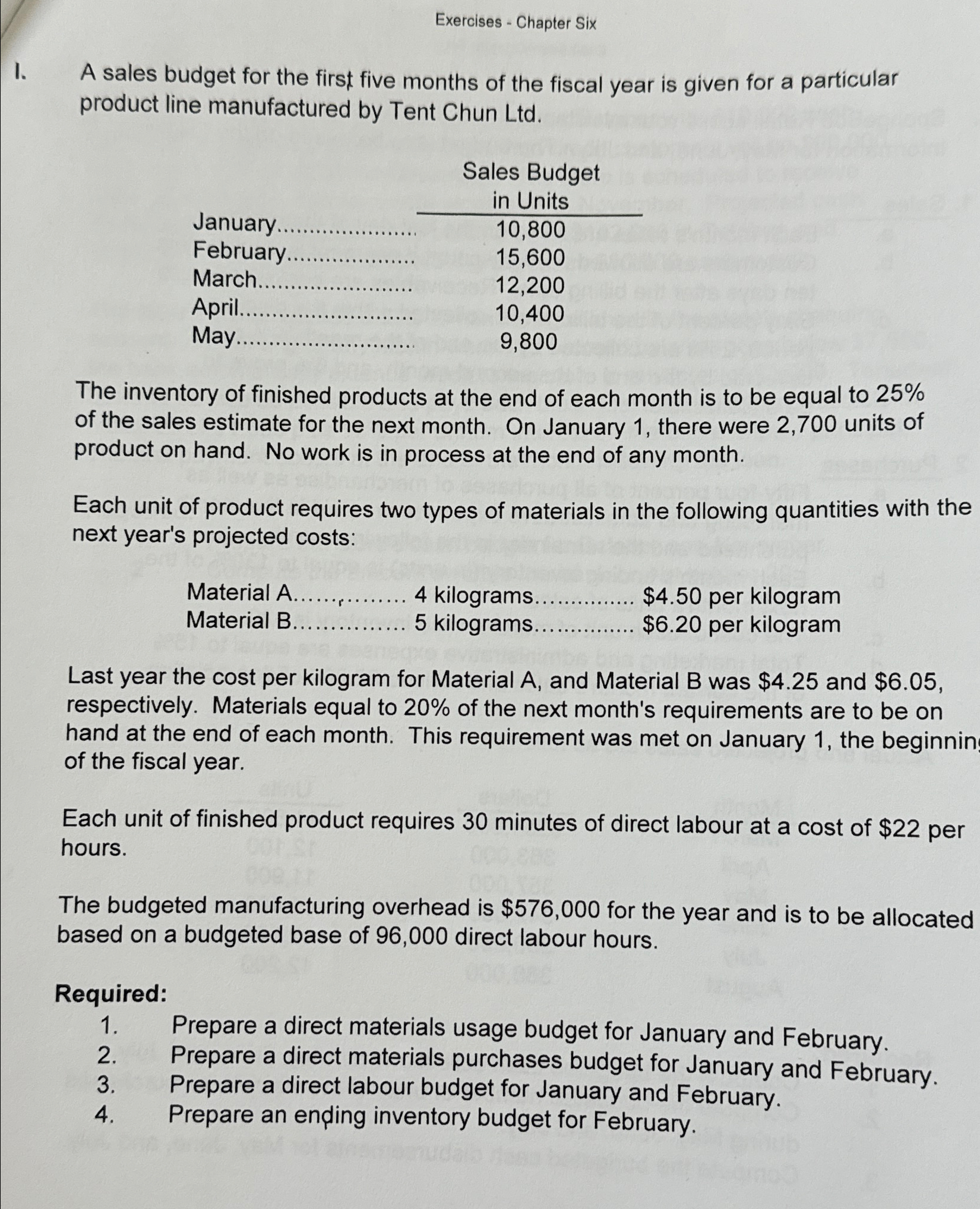  Exercises - Chapter Six I. A sales budget for the first