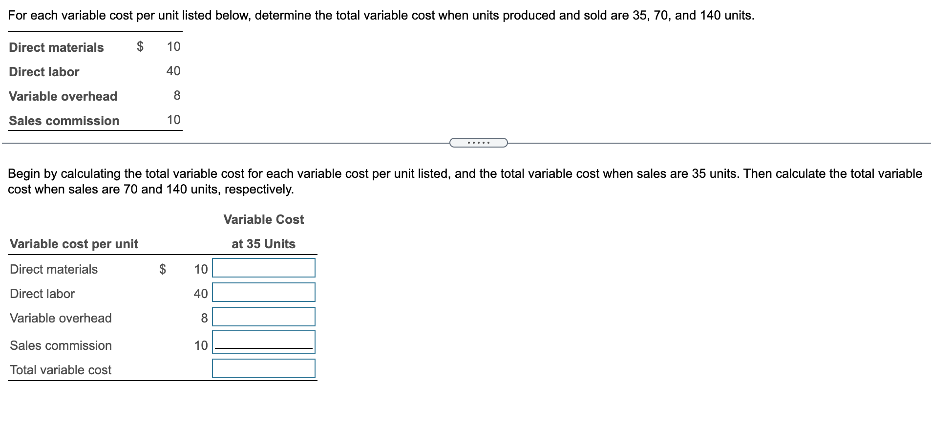  For each variable cost per unit listed below, determine the total
