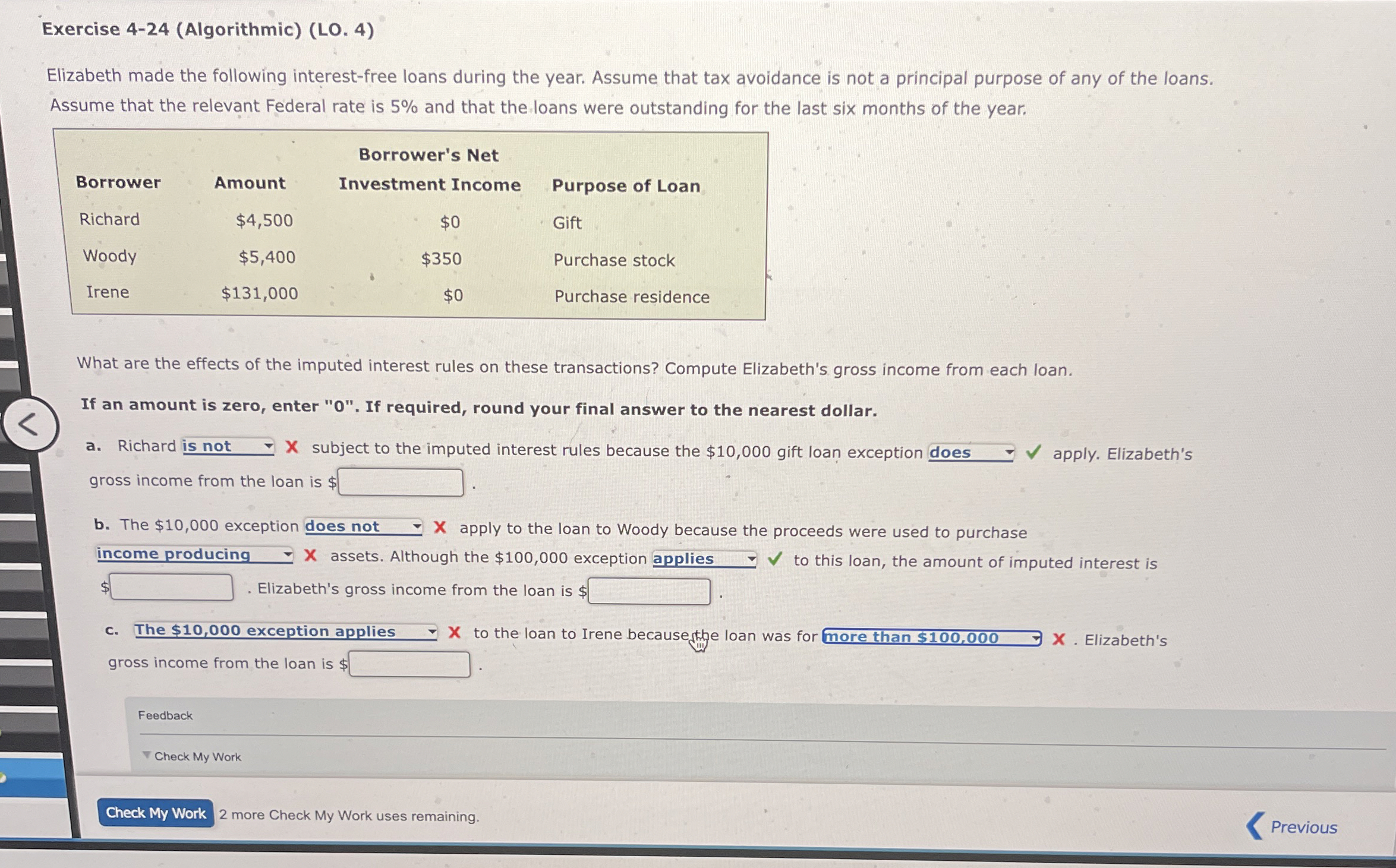  Exercise 4-24(Algorithmic)(LO.4) Elizabeth made the following interest-free loans during the year.