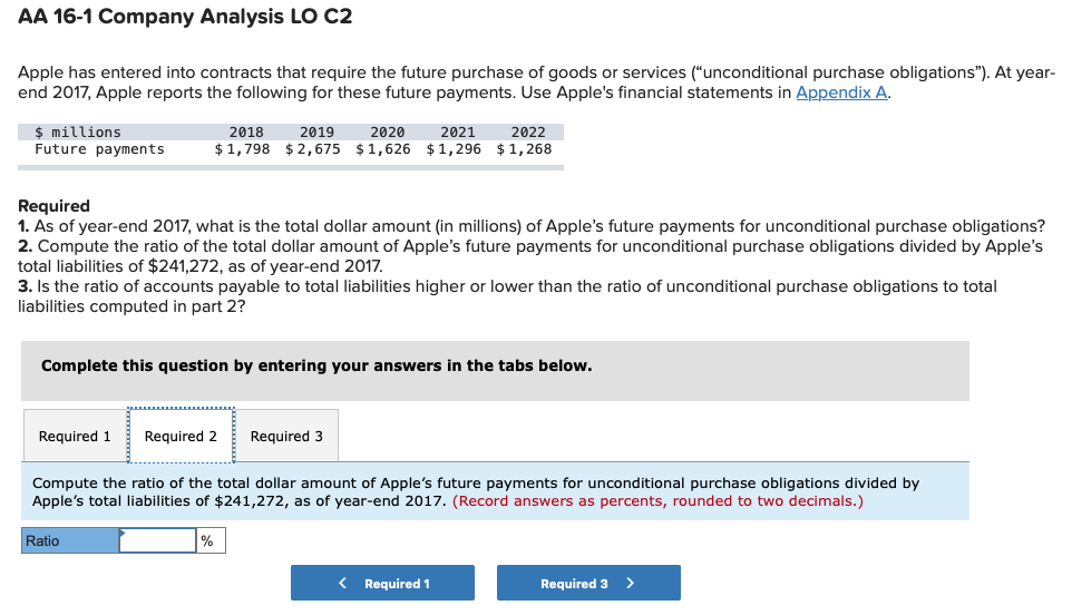 or services (unconditional purchase obligations). At year-end 2017, Apple reports the following