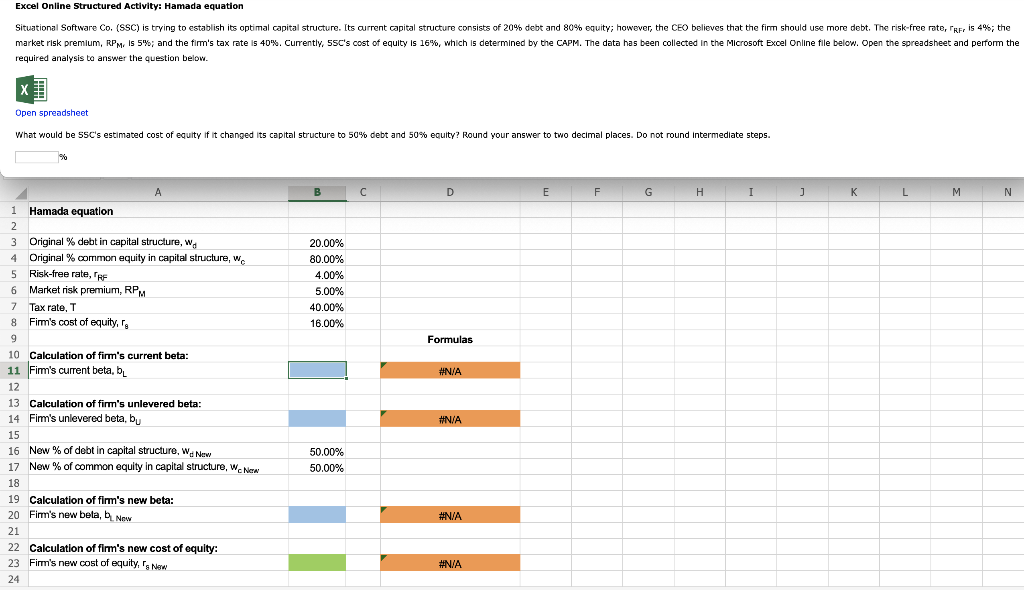 Excel Online Structured Activity: Hamada equation Situational Software Co. (SSC) is