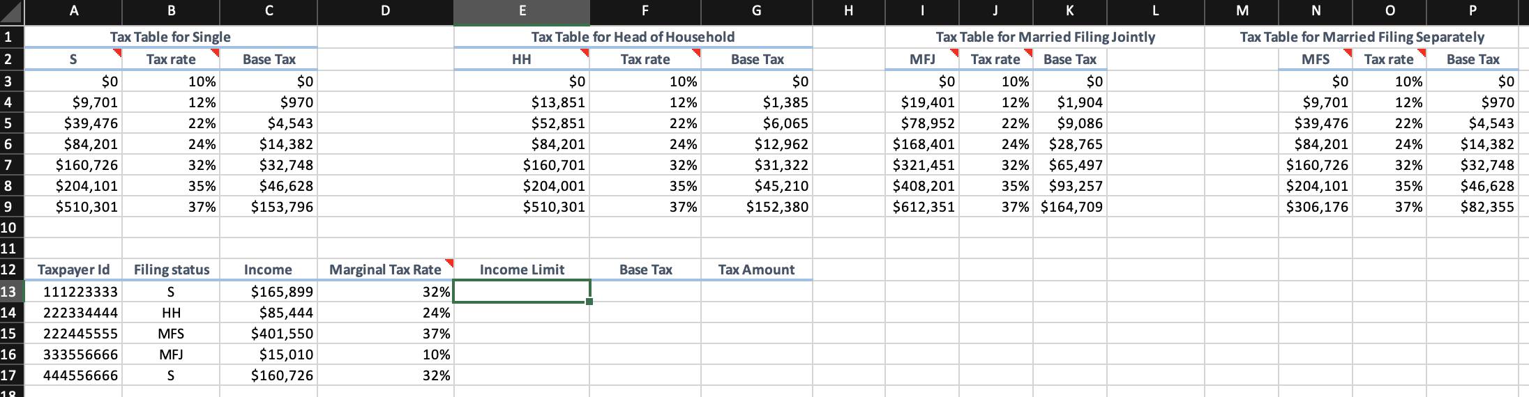 n. In cell E13, retrieve the income limit from the appropriate