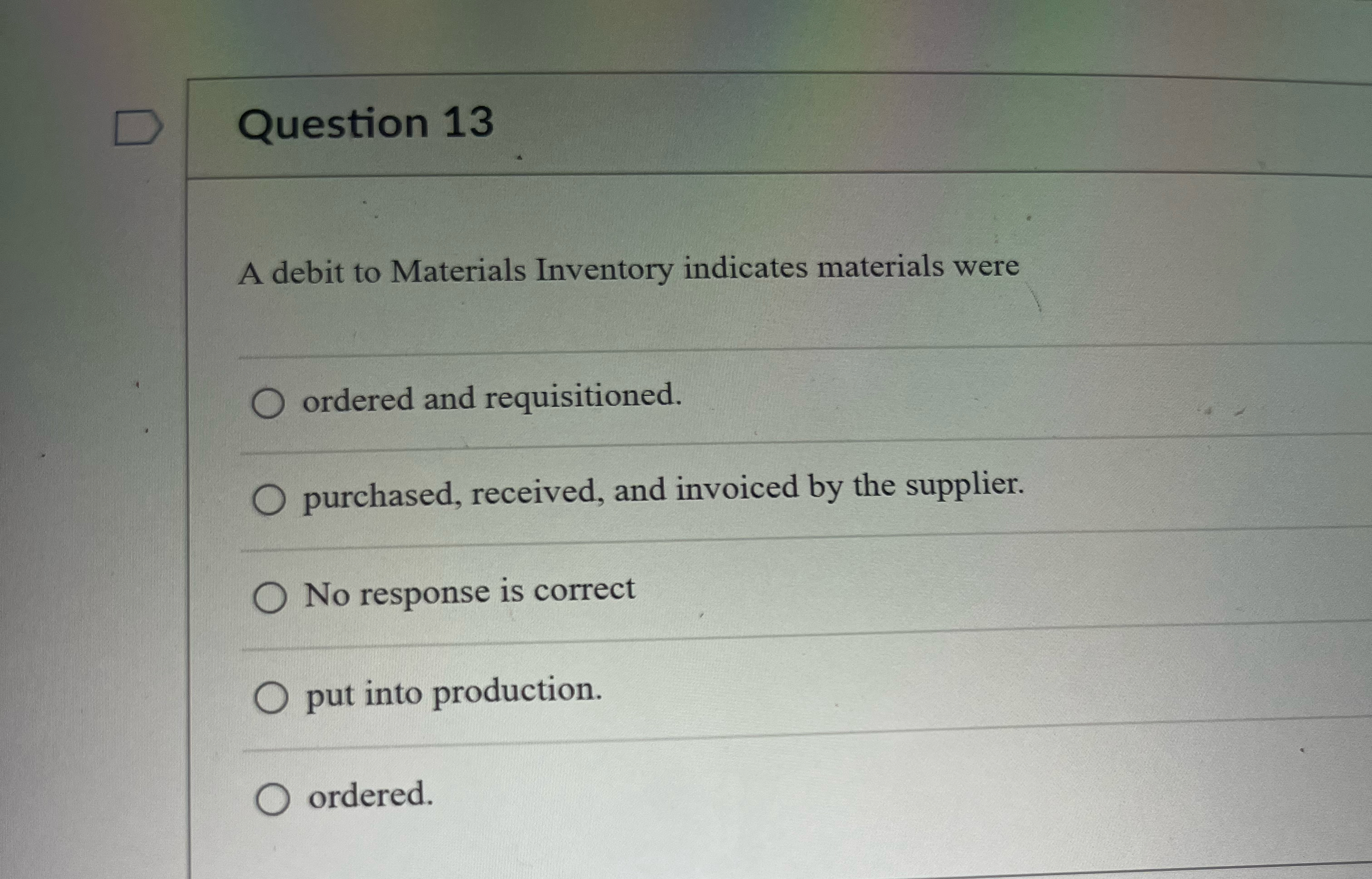  A debit to Materials Inventory indicates materials were ordered and requisitioned.
