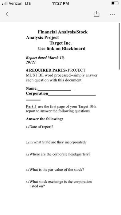 Verizon LTE 11:27 PM Financial Analysis/Stock Analysis Project Target Inc. Use link
