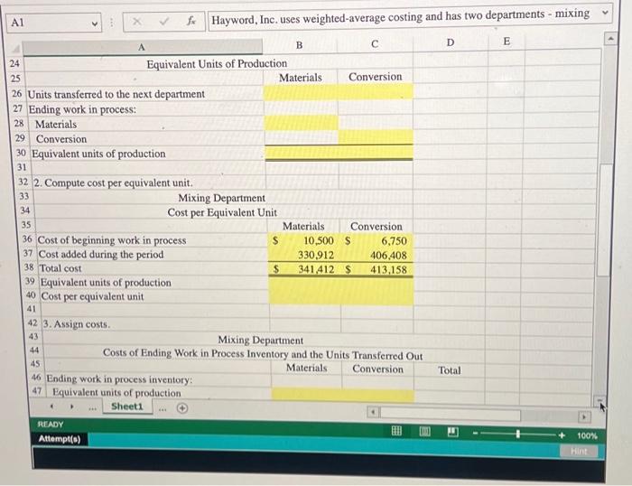 has provided data related to its mixing department for the month of