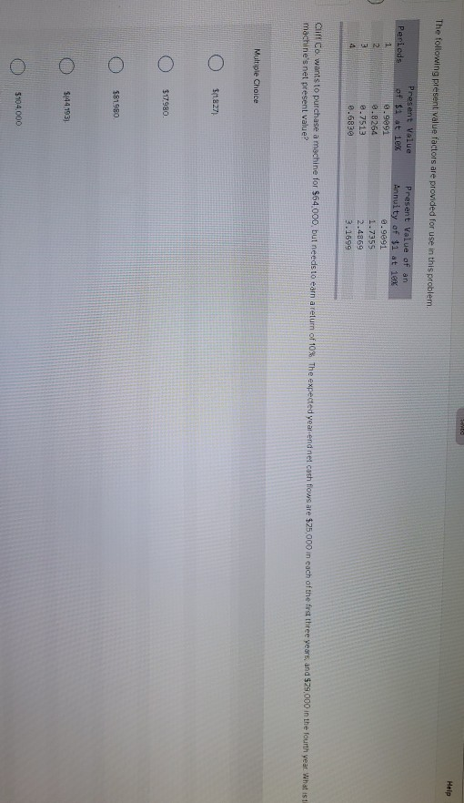  Help The following present value factors are provided for use in